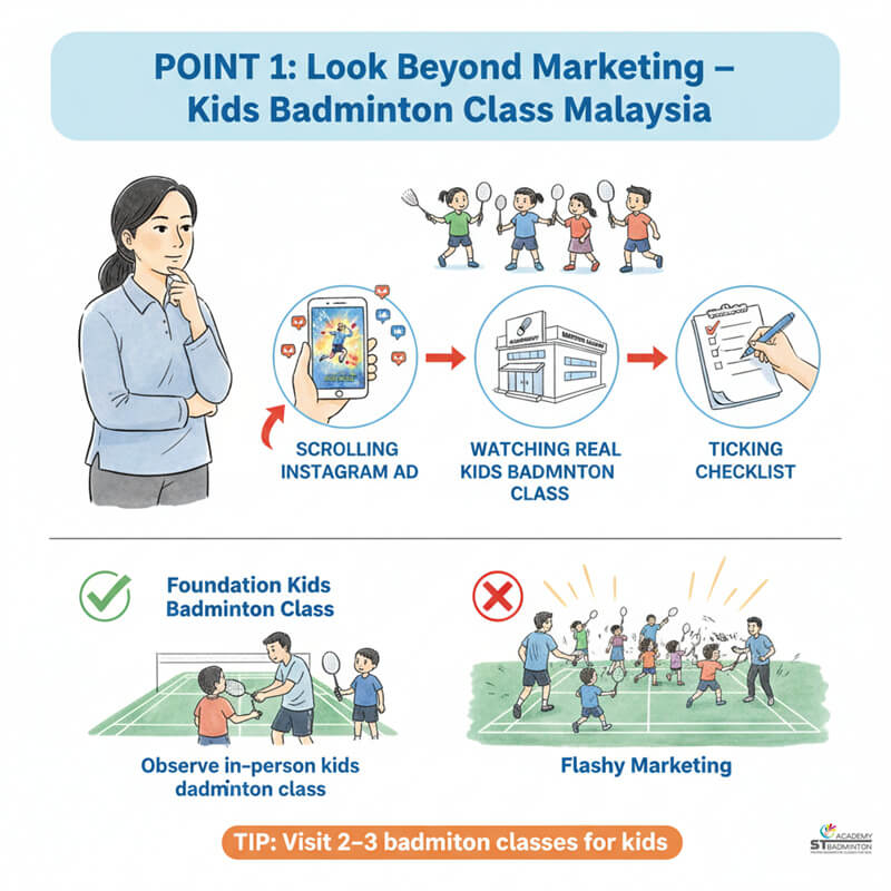 A child in a kids badminton class in Kuala Lumpur learning the basics of foundation badminton coaching