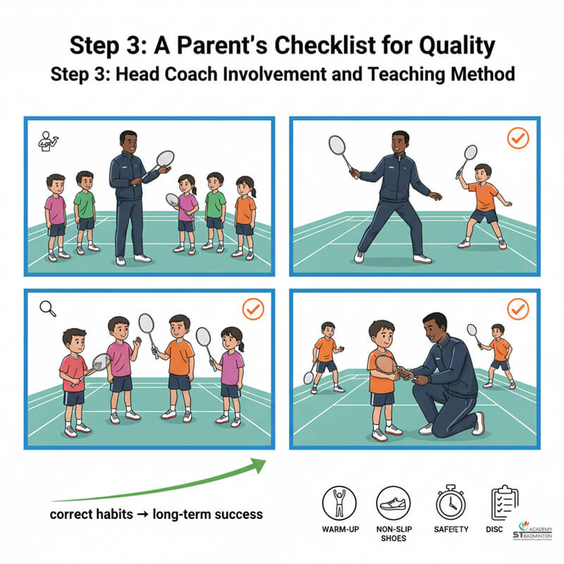 A child learning correct grip at a kids' badminton class in Malaysia, a key detail for parents to observe.
