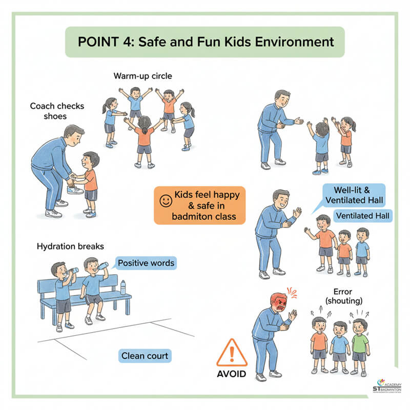 A children badminton training Malaysia session focused on a safe, positive learning environment for young kids.