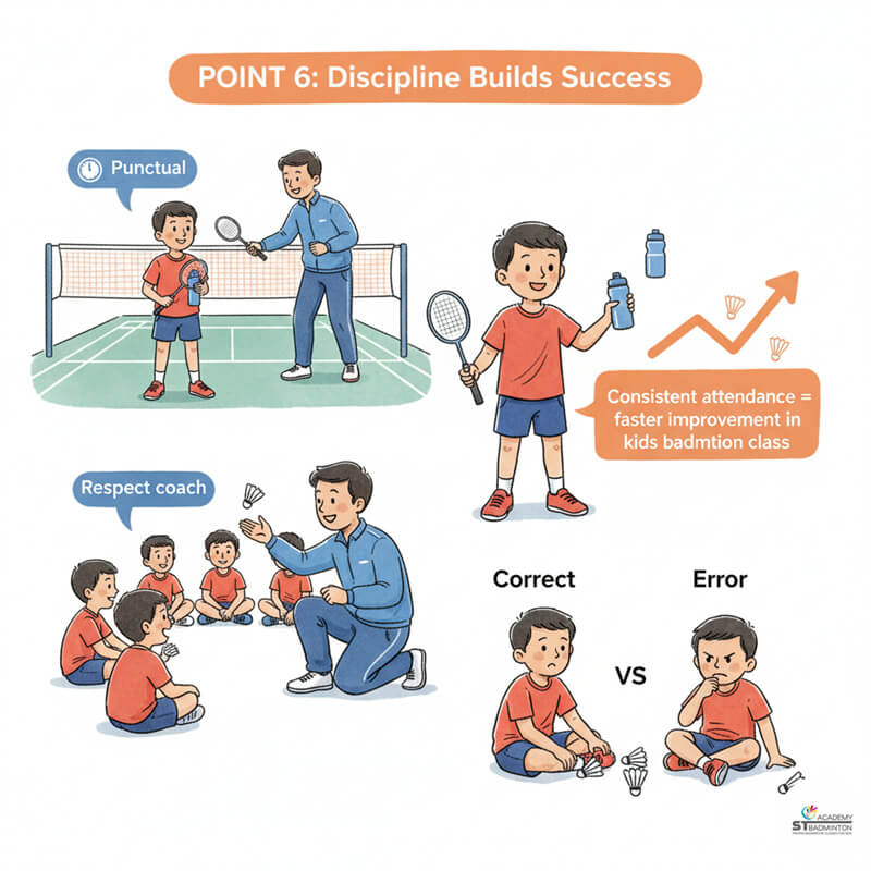 A coach explaining the importance of discipline and punctuality in a kids badminton class in Kuala Lumpur.