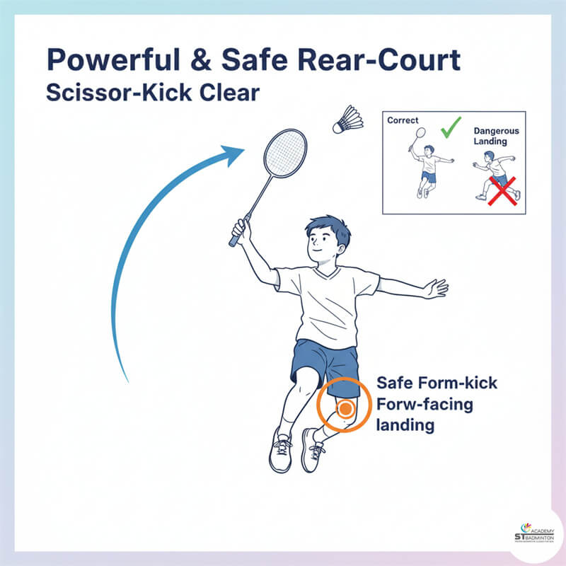 A demonstration of proper back-court movement during a children badminton training session in Cheras.