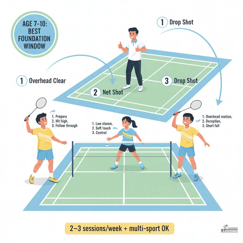 Children learning in a youth badminton training session in Malaysia. A group of kids aged 7 to 8 during beginner badminton coaching for children in Kuala Lumpur.