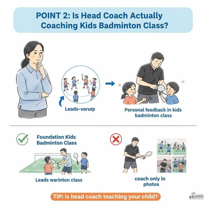 A head coach at ST Badminton Academy Malaysia gives personal instruction to a child in a beginner badminton class in Cheras