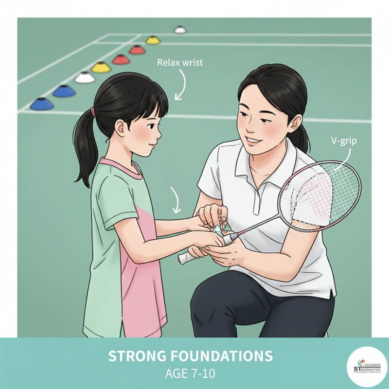 A patient kids badminton coach gives encouragement during a session in Kuala Lumpur.