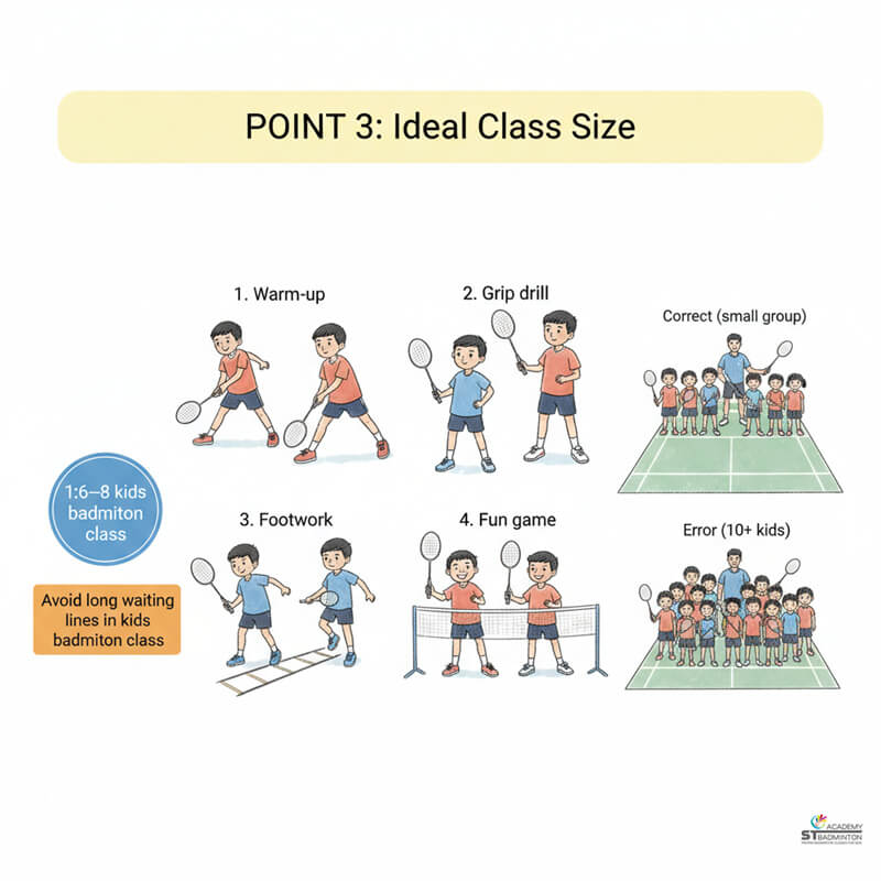 A small group badminton training session in Setapak, Kuala Lumpur, showing an ideal class size for kids.