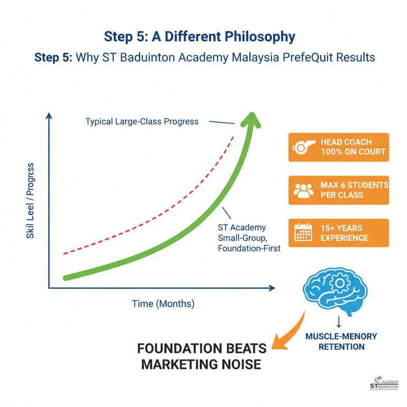 A young beginner learning basic footwork in a Malaysian kids' badminton class.