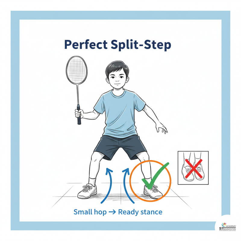 A young child learning the split step in a beginner badminton class in Kuala Lumpur.