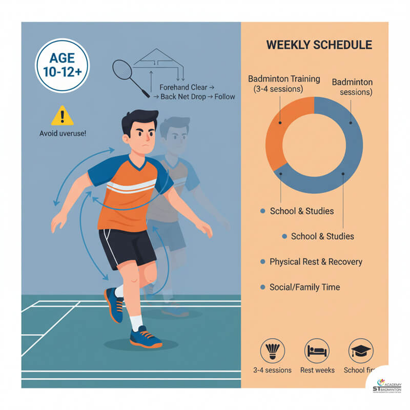 A focused pre-teen during badminton coaching for children in Malaysia. A young player aged 11 during a youth badminton training session in Malaysia.