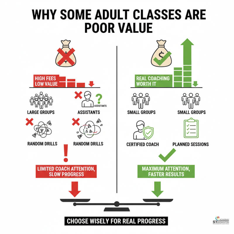 Adult badminton players in Kuala Lumpur comparing different training academies and coaching approaches