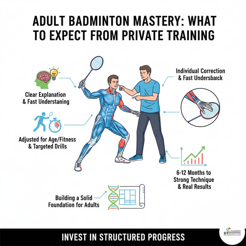 Adult beginner from Selayang receiving planned private badminton training in Kuala Lumpur with technique corrections