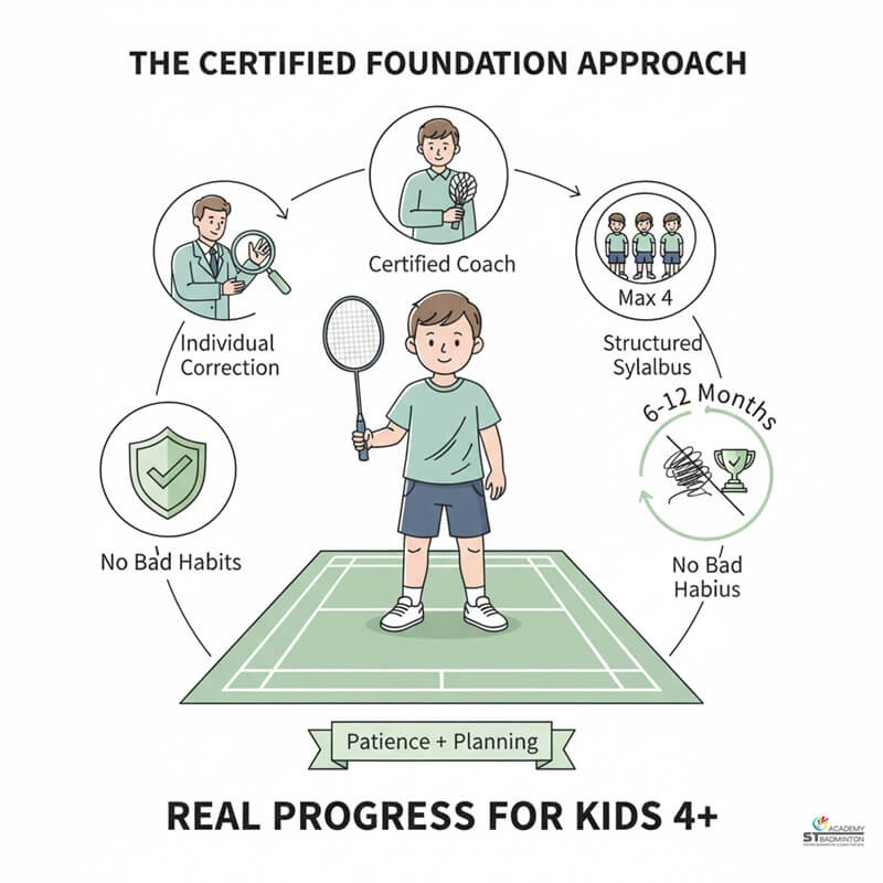 Adult receiving detailed swing technique correction from good badminton coach in Wangsa Maju KL