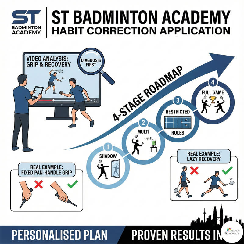 Người lớn và trẻ em thảo luận kế hoạch huấn luyện với huấn luyện viên tại ST Badminton Academy Malaysia