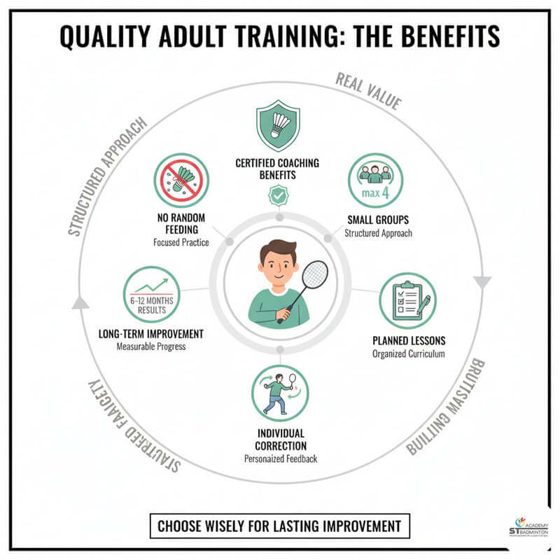 Adults practicing stroke technique during planned badminton training with progress tracking in KL