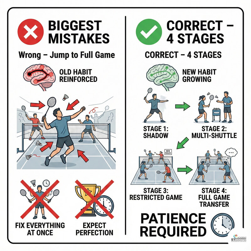 Buổi huấn luyện cầu lông nâng cao tập trung vào ký ức cơ bắp và thay đổi thói quen tại ST Badminton Academy