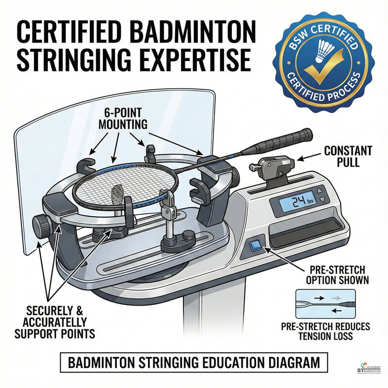 BSW Certified Stringer Eric Chuar checking racket tension in Cheras