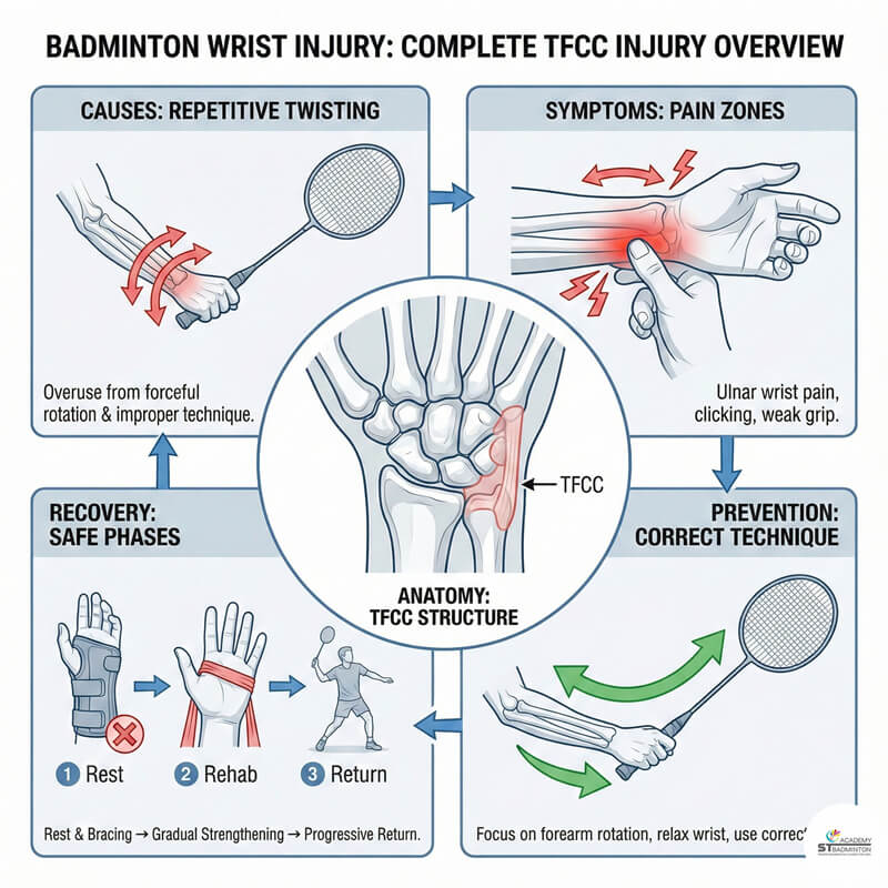 Badminton player learning about TFCC wrist injury prevention at ST Badminton Academy Malaysia near Setapak in Kuala Lumpur KL