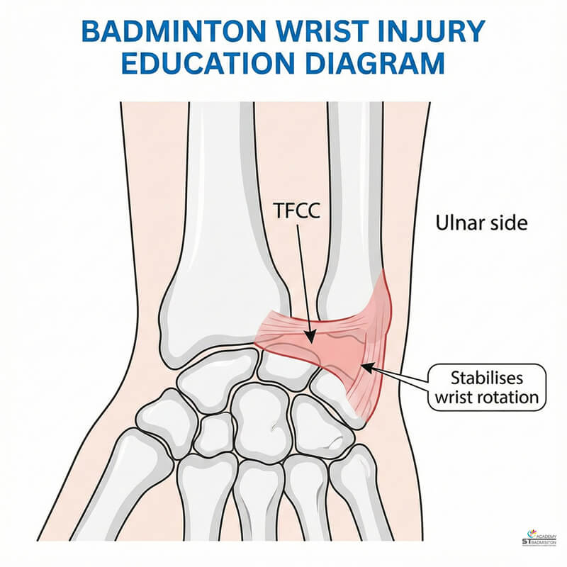 Badminton player learning about TFCC wrist injury prevention at ST Badminton Academy Malaysia near Setapak in Kuala Lumpur