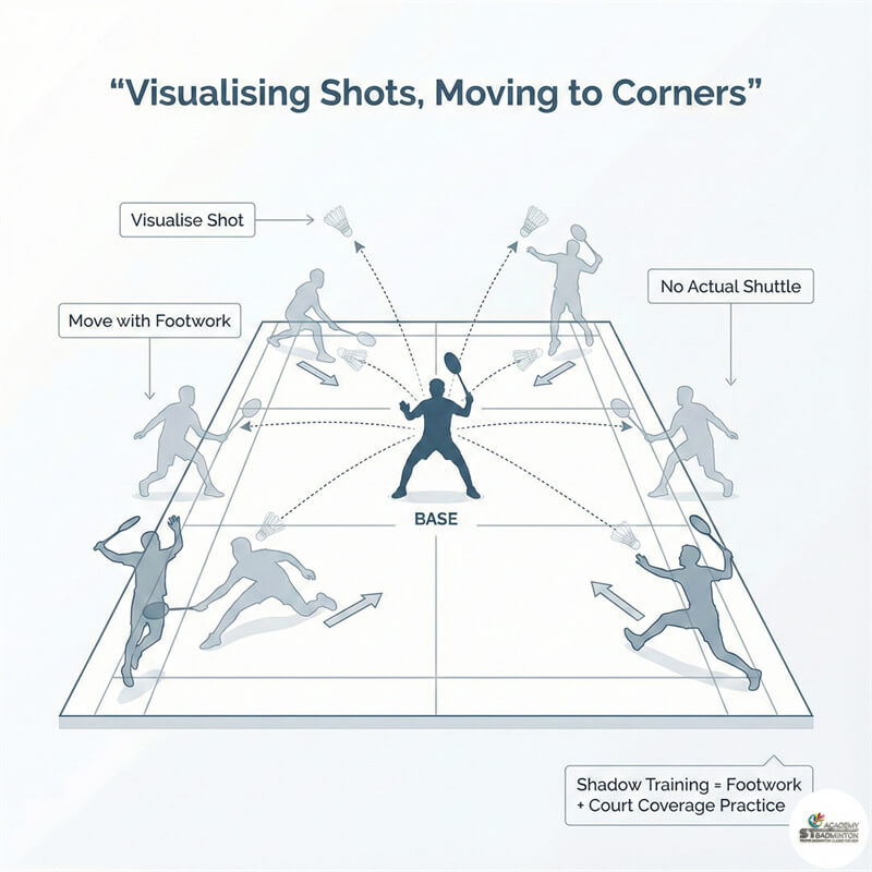 Badminton player practicing ready stance and split step in Wangsa Maju hall KL