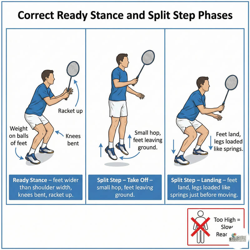 Badminton player practicing ready stance and split step in Wangsa Maju hall