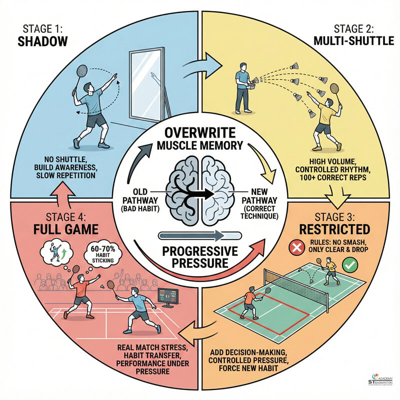 Người chơi cầu lông tập mô phỏng để sửa thói quen xấu tại ST Badminton Academy ở Setapak