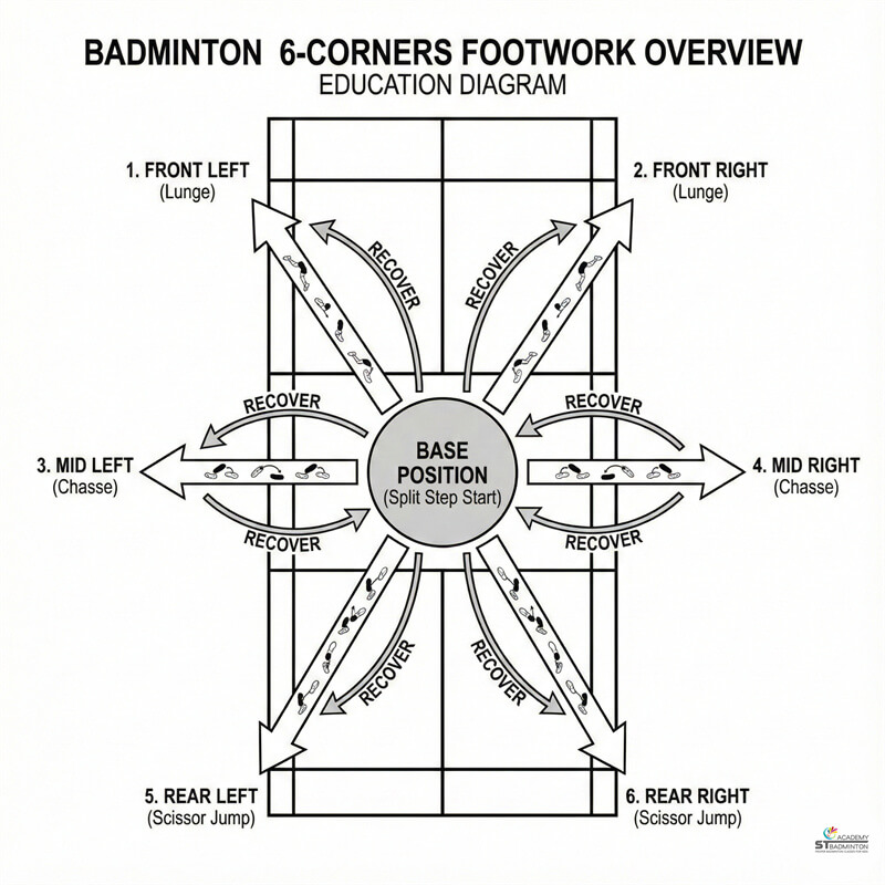 Setapak의 ST Badminton Academy에서 6코너 풋워크를 연습하는 배드민턴 선수들