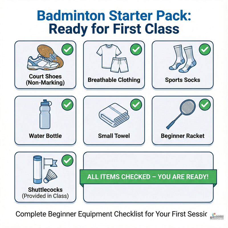Dụng cụ cầu lông cho người mới bắt đầu được sắp xếp cho buổi học đầu tiên tại ST Badminton Academy ở Setapak | nền tảng cầu lông