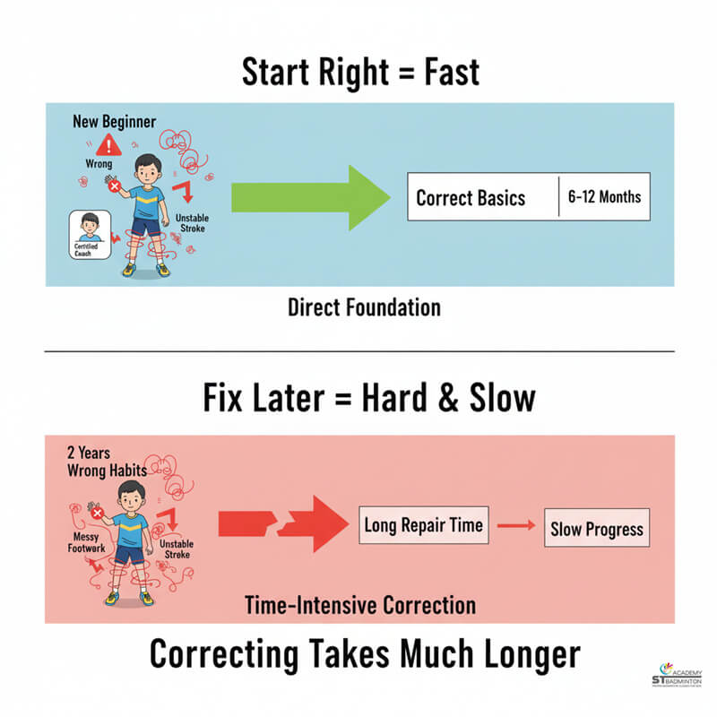 Certified badminton coach helping fix wrong grip after years with playing-focused coach in Setapak KL