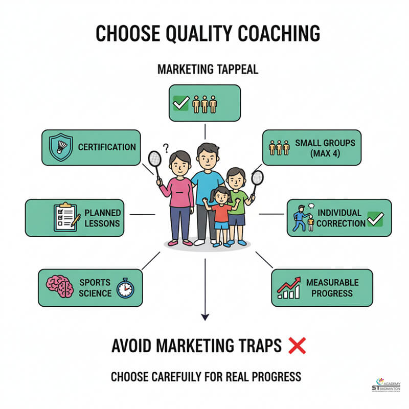 Certified coach in Setapak demonstrating proper foundation training to children and adults in small group badminton class