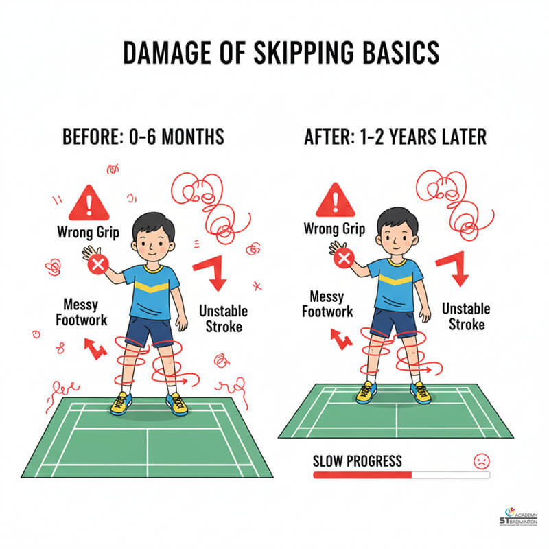 Child developing wrong grip and messy footwork from playing-focused coach in Kuala Lumpur Malaysia