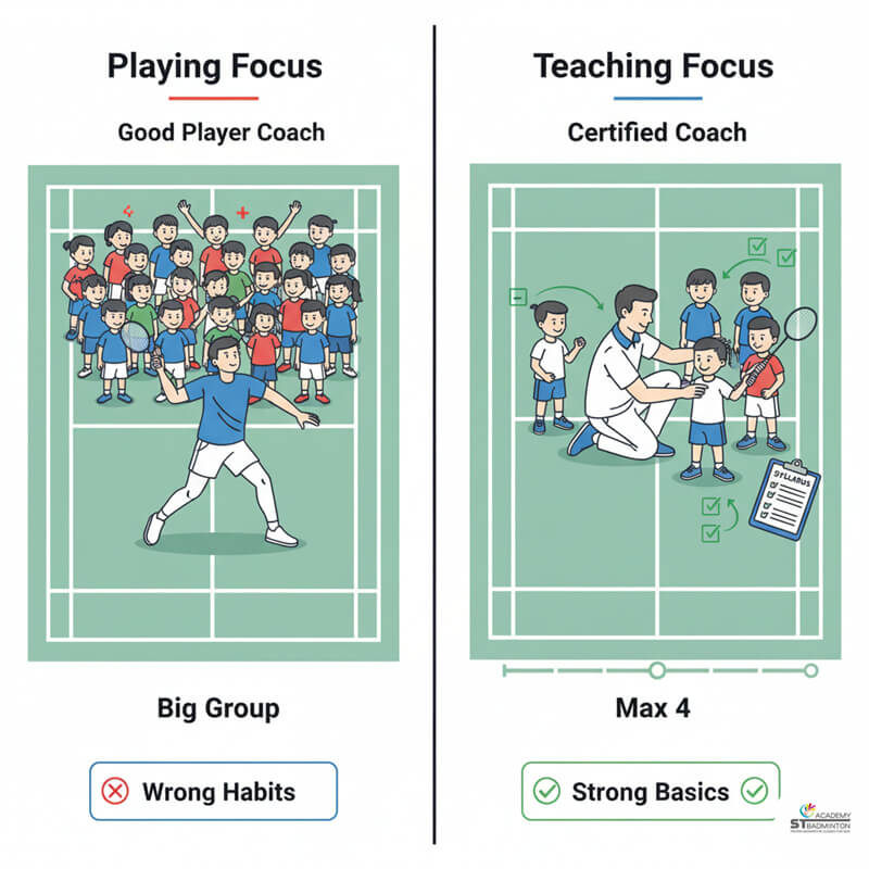 Child learning proper badminton grip from certified coach in small group class Setapak KL