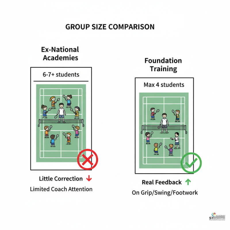 Child showing weak basic technique after years in large ex-national player group classes in Kuala Lumpur