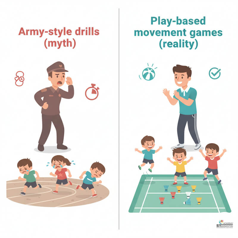 Is Training Like Army Boot Camp? Children practising gentle racket grip during safe badminton training for kids age 4 and above in Kuala Lumpur and Selayang
