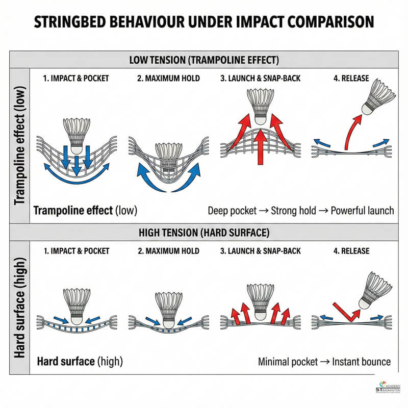 Close-up of badminton strings showing different tension feel at a Kuala Lumpur training centre STBA