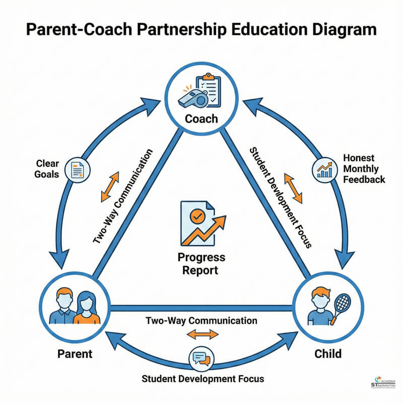 Huấn luyện viên trao đổi về sự tiến bộ với phụ huynh tại khu vực Setapak và Gombak