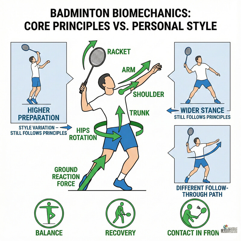 Coach demonstrating core badminton principles vs flexible personal style adjustments in KL training