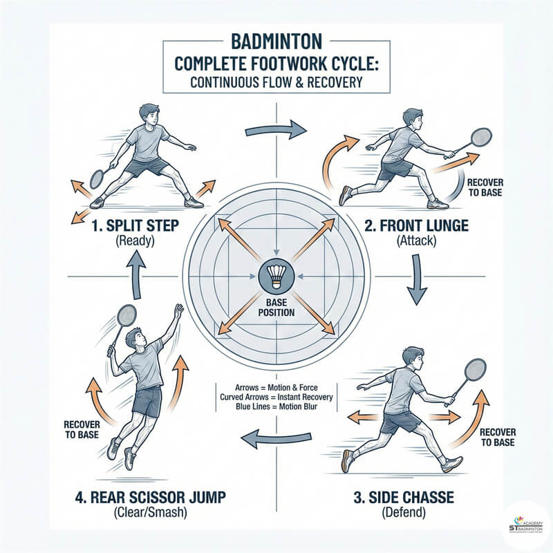 쿠알라룸푸르 풋워크 수업 중 스플릿 스텝 타이밍을 시범 보이는 코치