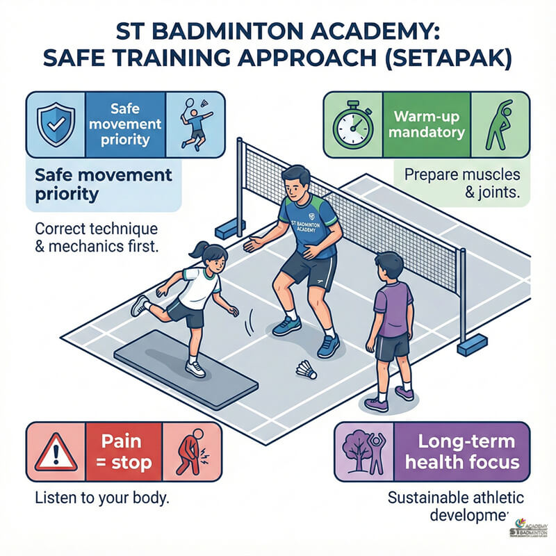 Huấn luyện viên hướng dẫn học viên về di chuyển an toàn và giày dép tại ST Badminton Academy KL | huấn luyện cầu lông chuyên nghiệp