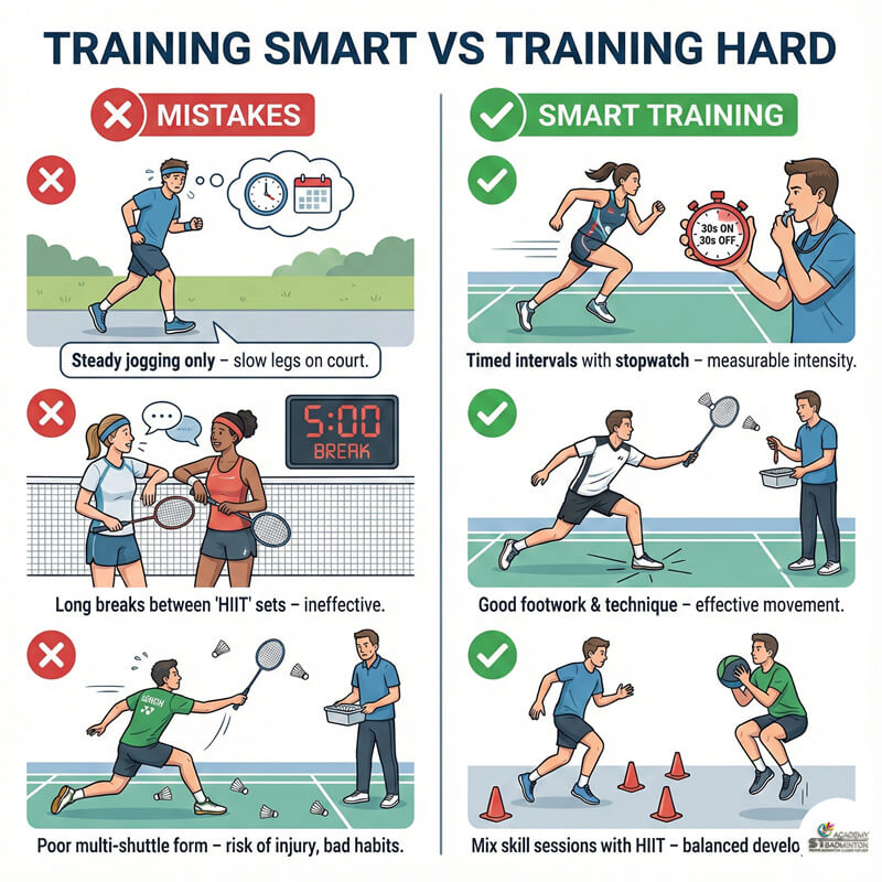 Coach explaining common endurance mistakes to badminton students in Setapak