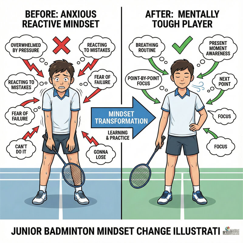 Coach giving balanced feedback to young player during break at Kuala Lumpur badminton hall