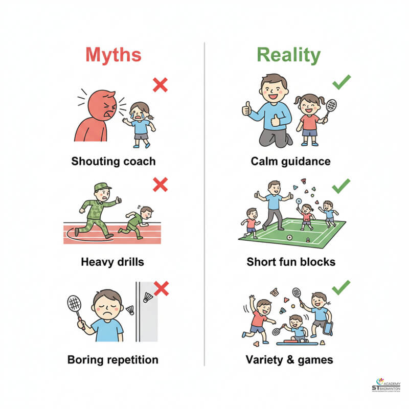 Common Myths About Kids Badminton Coaching Smiling child enjoying safe and supportive badminton class for young children in Kuala Lumpur Malaysia