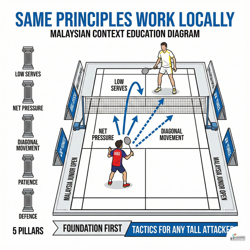 Sơ đồ sân đấu thể hiện kế hoạch thi đấu với tay vợt đơn nam tấn công cao to tại ST Badminton Academy Malaysia