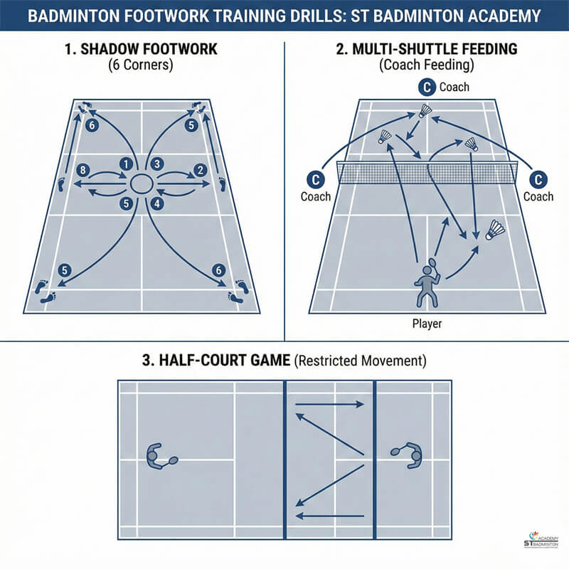 쿠알라룸푸르 배드민턴 아카데미에서 6코너 움직임 패턴을 배우는 청소년 그룹