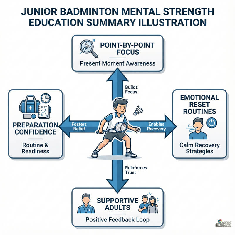 Junior badminton player practising focus routine before serving in Setapak tournament