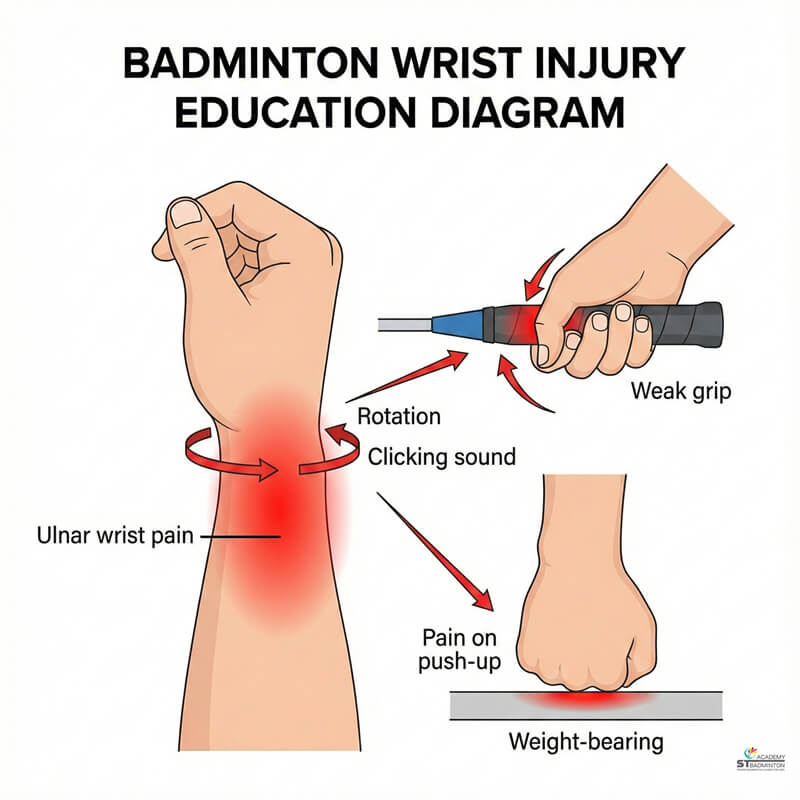 Junior badminton player resting wrist during training at a Kuala Lumpur badminton academy to prevent TFCC injury