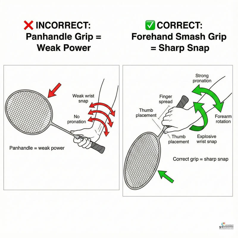 Học viên trẻ em học cách cầm vợt đập cầu chuẩn tại ST Badminton Academy ở Setapak Kuala Lumpur | nền tảng huấn luyện cầu lông cho trẻ em