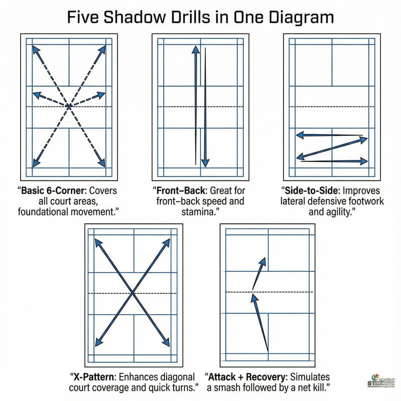Junior player practicing front and back shadow badminton movement in Setapak