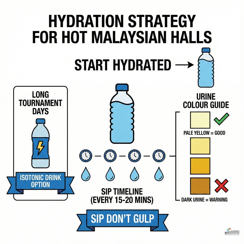 Junior players drinking water and isotonic drinks at a badminton hall in Wangsa Maju