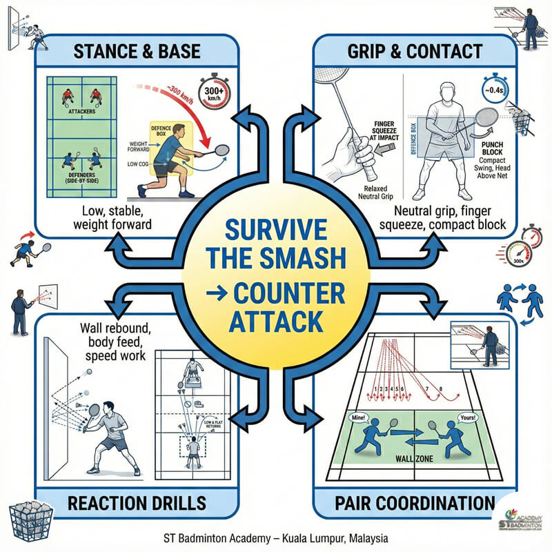 Junior players from Setapak and Wangsa Maju practising body smash defence reaction drills KL