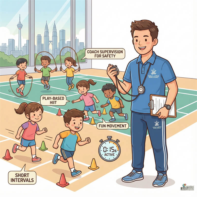 Juniors doing short sprint intervals for badminton speed in Kepong