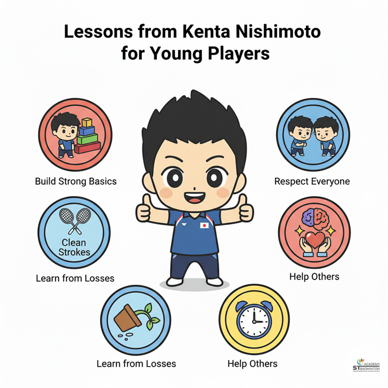 Kenta Nishimoto celebrating BWF World Tour victory with Japanese flag display